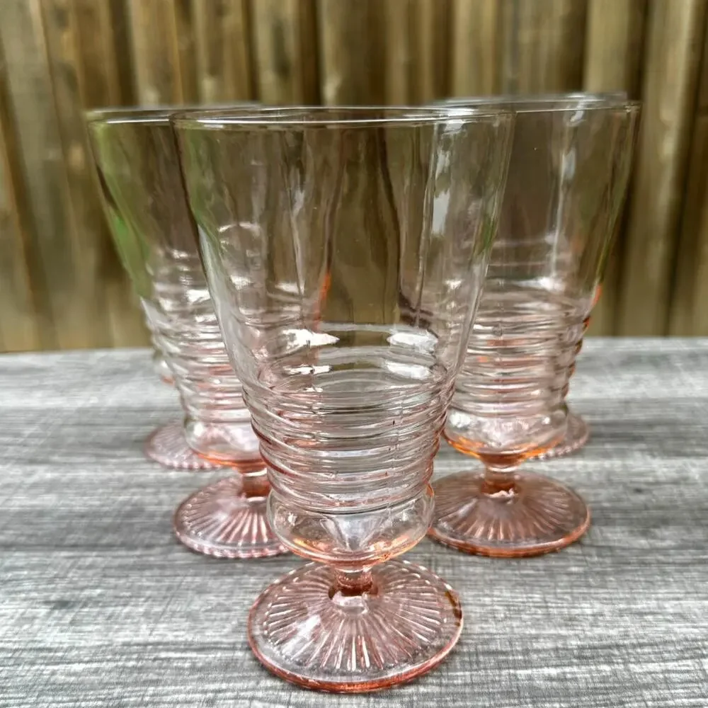 1930's-40's Vintage Pink Depression Glass Footed Soda Fountain Tumblers Set of 5